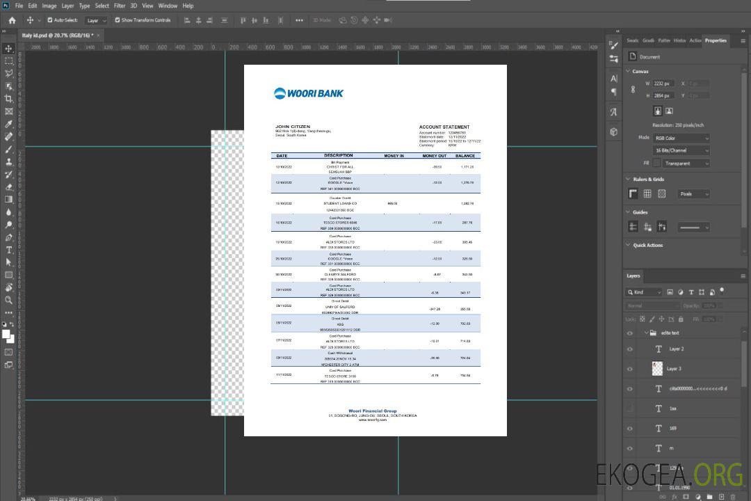 Relevé bancaire Woori en Corée du Sud template Relevé bancaire Woori en Corée du Sud template
